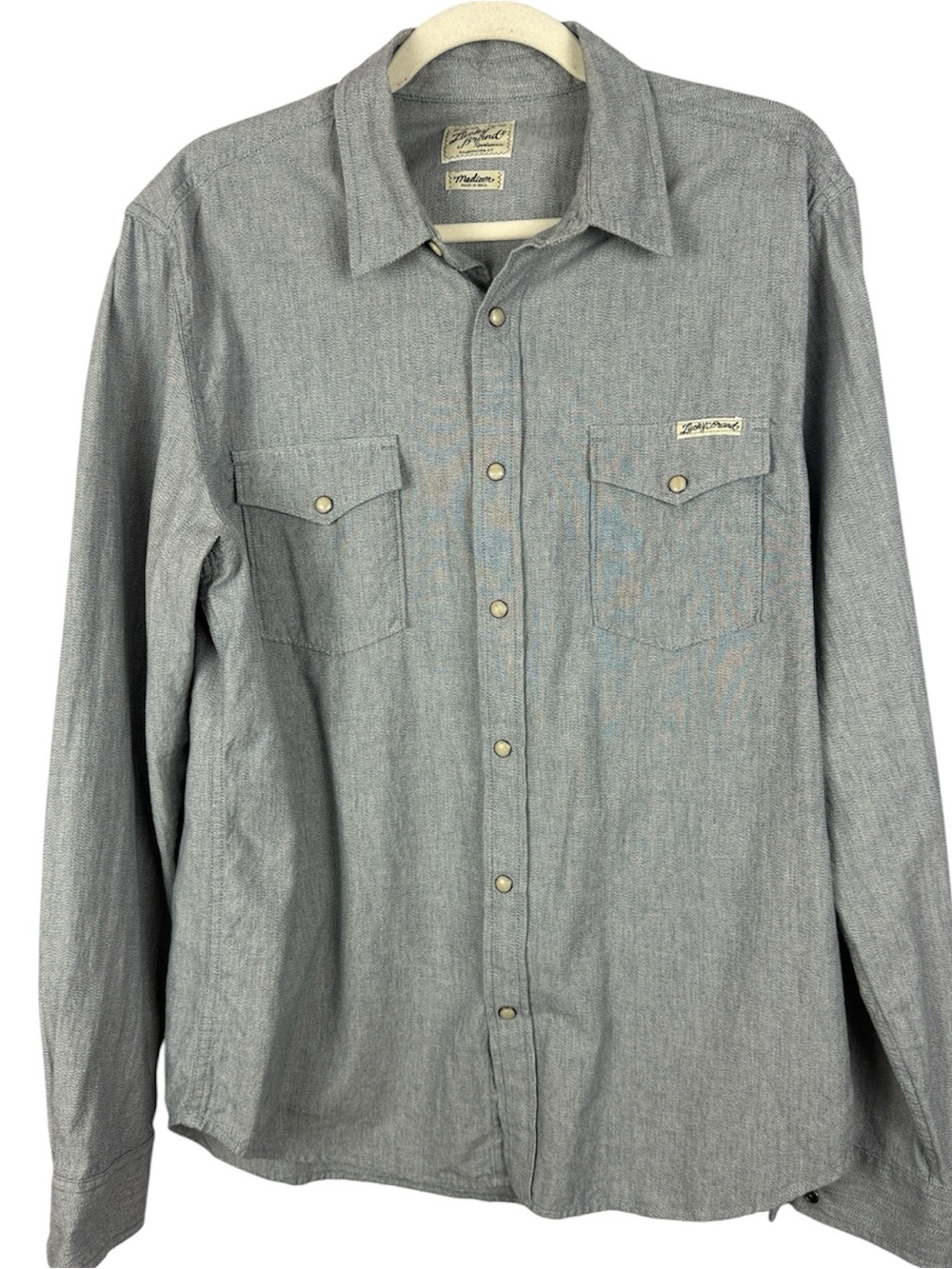 Lucky Brand Men’s Cotton Western Snap Button Down Shirt Grey Chambray Size Med